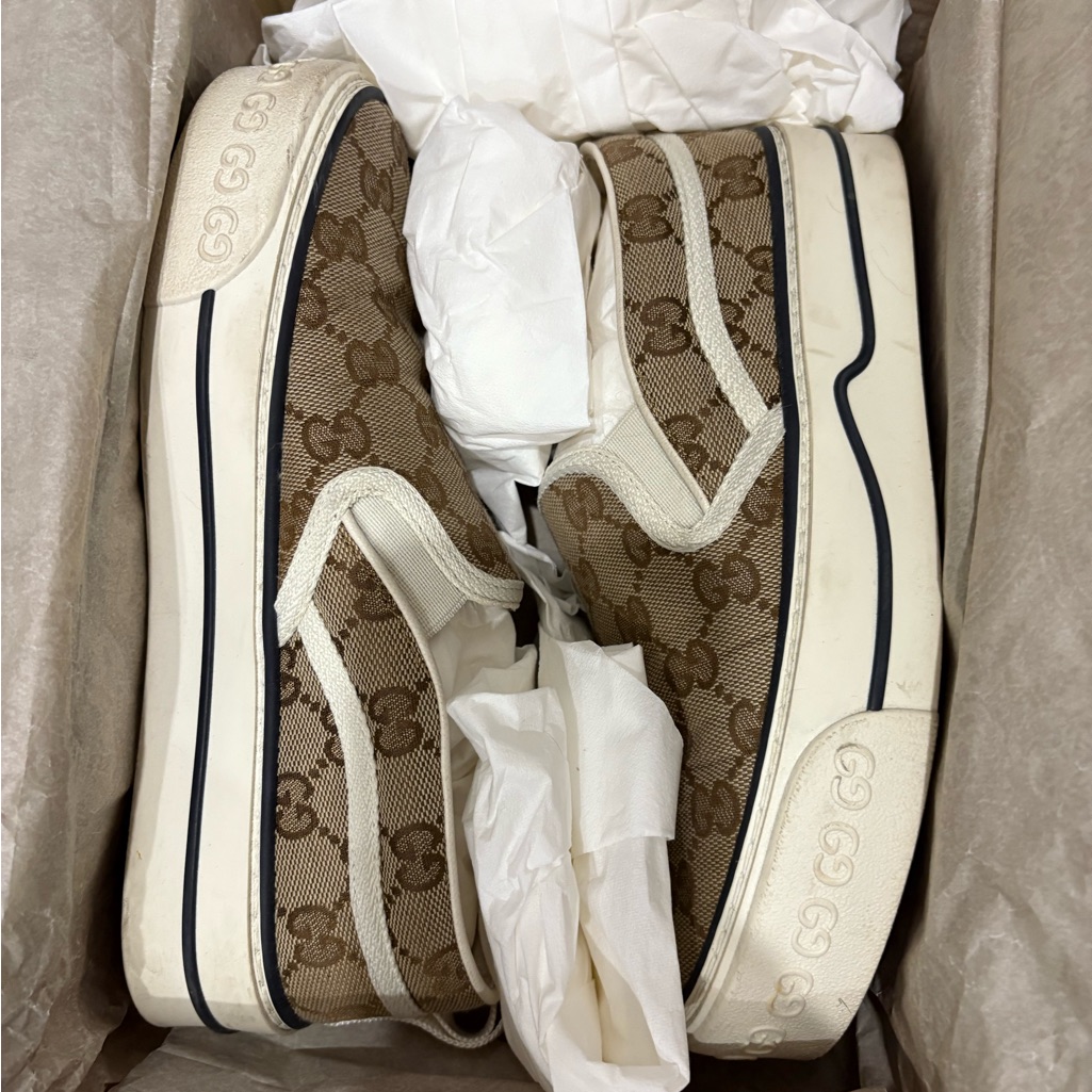 Gucci Tan Monogram Gg Beige Canvas Tennis Slip-Ons Size 5.5 Authentic W Receipt
